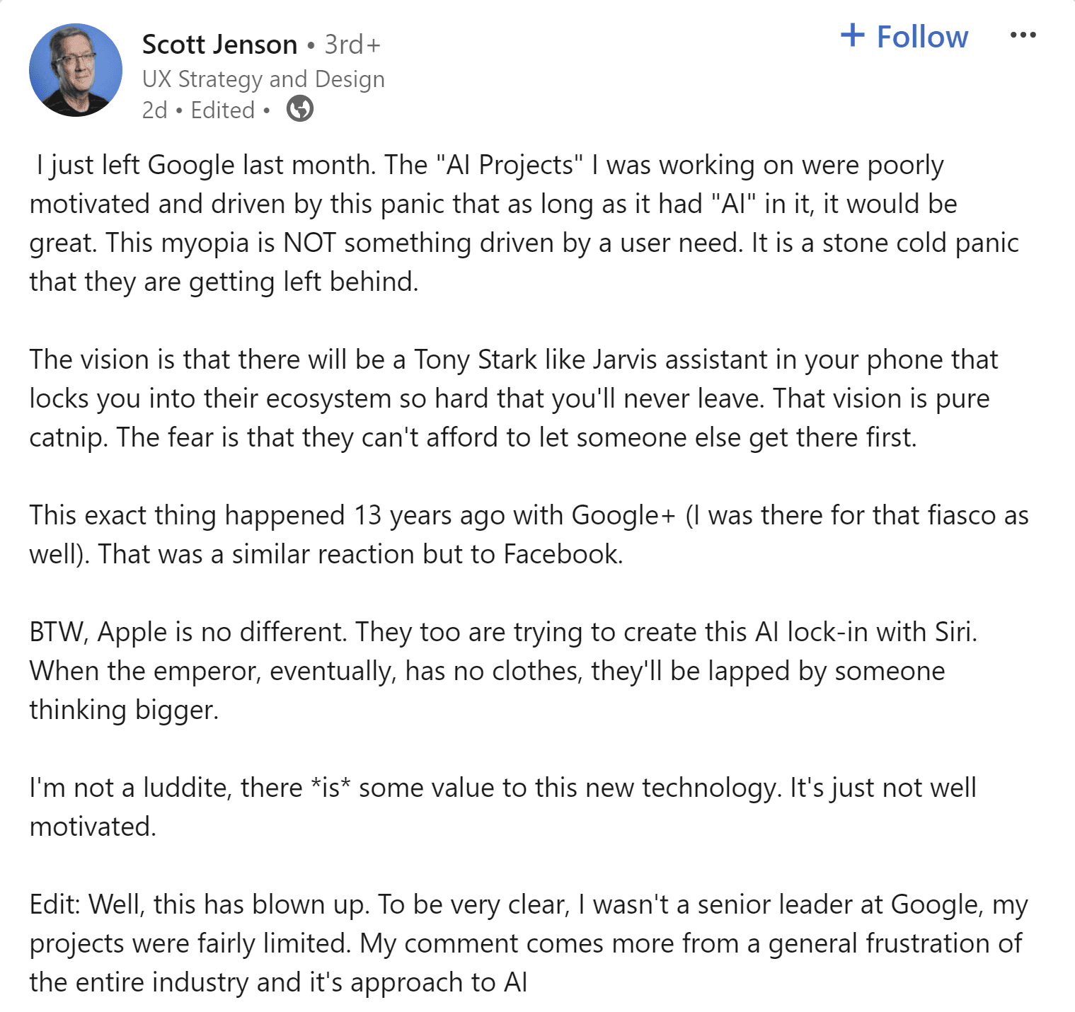 An ex-Google employee states that Google is pushing AI out of panic and fear that someone will get ahead of them rather than from a logical motivation.
