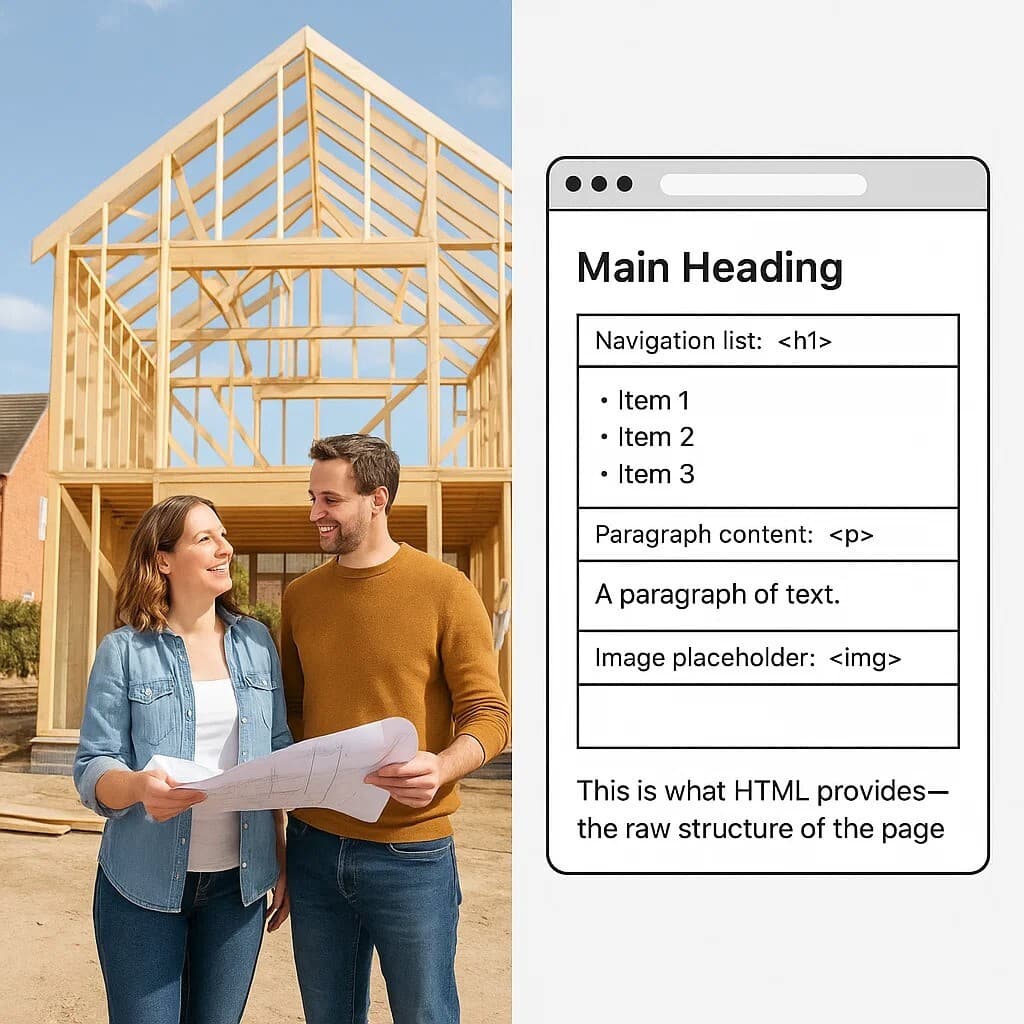 Couple looking at design plans for the foundation of a house, representing HTML as the structural foundation of websites.