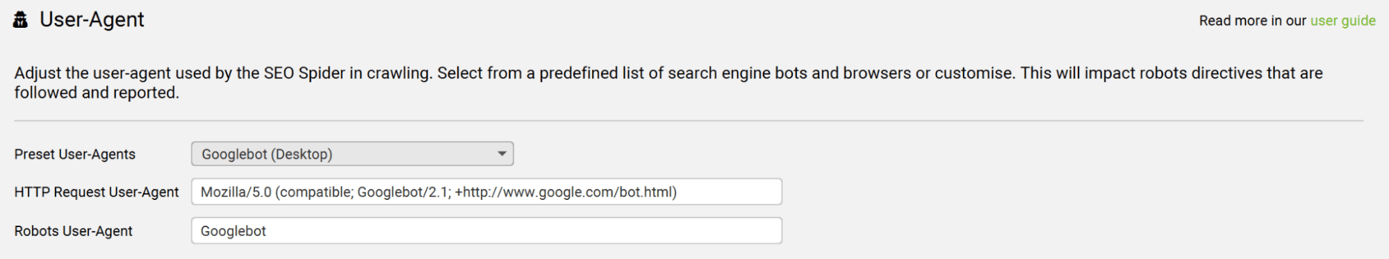 Screenshot of Screaming Frog SEO Spider settings showing "Googlebot (Desktop)" user-agent selection.
