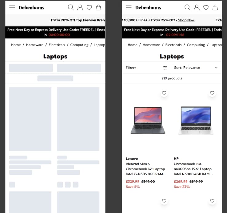 Split-screen comparison of a product listing page with JavaScript disabled (left) versus enabled (right), showing server-side versus client-side rendering.
