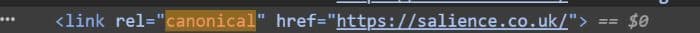 HTML code showing a canonical tag that directs search engines to the preferred version of a webpage.