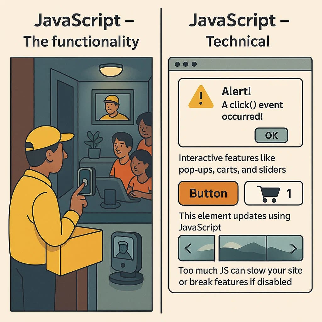 Smart home automation system with various connected devices, illustrating how JavaScript adds functionality to websites.