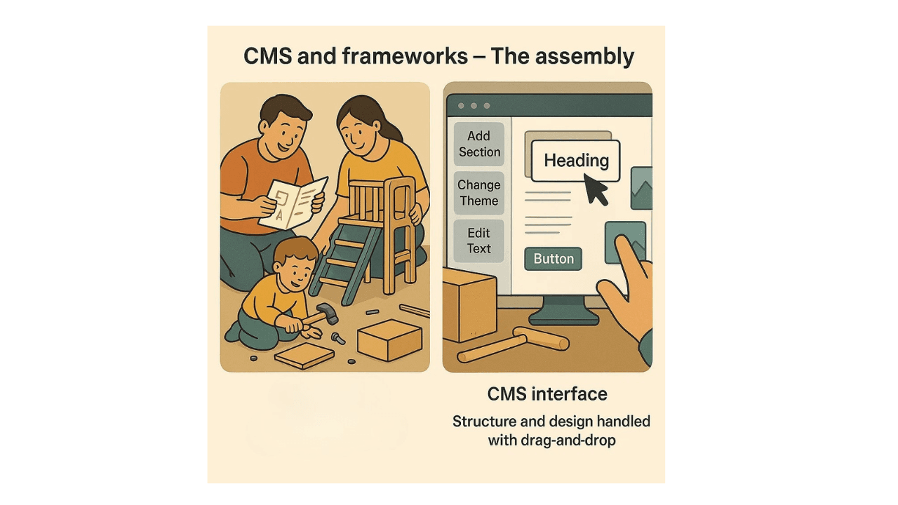 IKEA furniture assembly illustration showing components and instructions, representing how CMS and frameworks provide website building blocks.