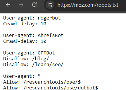 Moz's robots.txt file showing instructions for search engine crawlers.