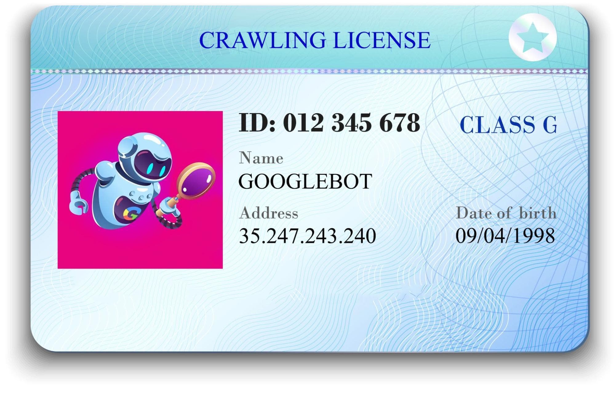 Fake ID card labeled "GOOGLEBOT" illustrating how user agents identify visitors to websites.