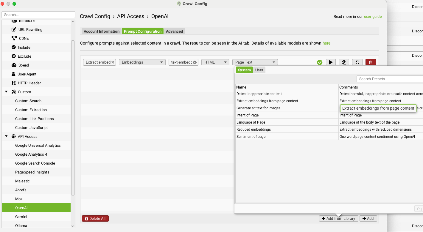 Screenshot of the ‘Add from Library’ window in Screaming Frog with the ‘(ChatGPT) Extract embeddings from page content’ script selected
