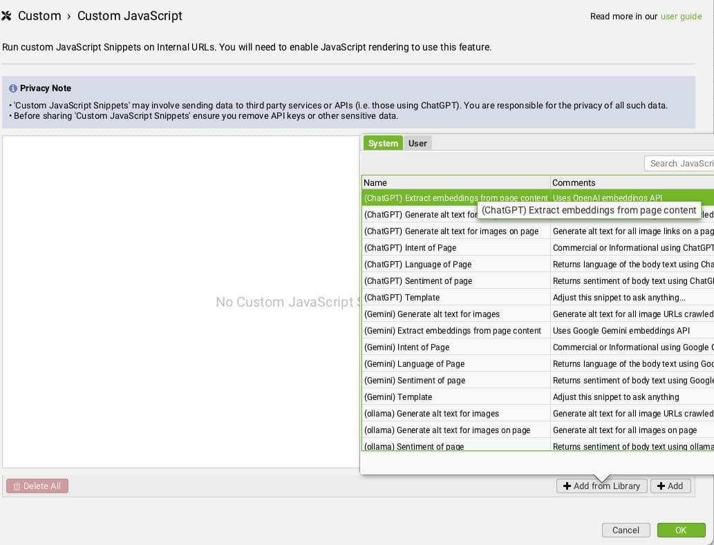 Screenshot showing where to paste the Open AI API key in the Screaming Frog custom JavaScript editor.