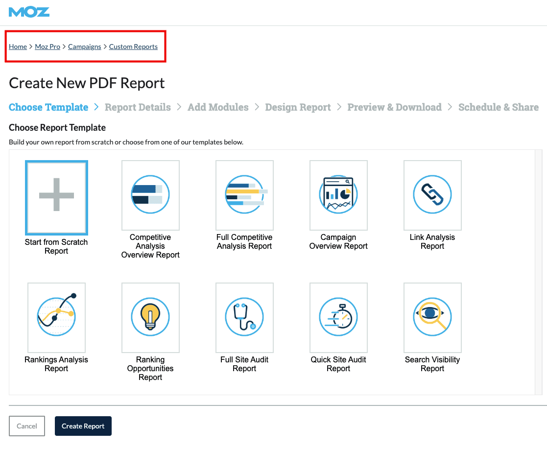 Moz Custom Reports interface showing SEO performance metrics tied to business outcomes and revenue growth