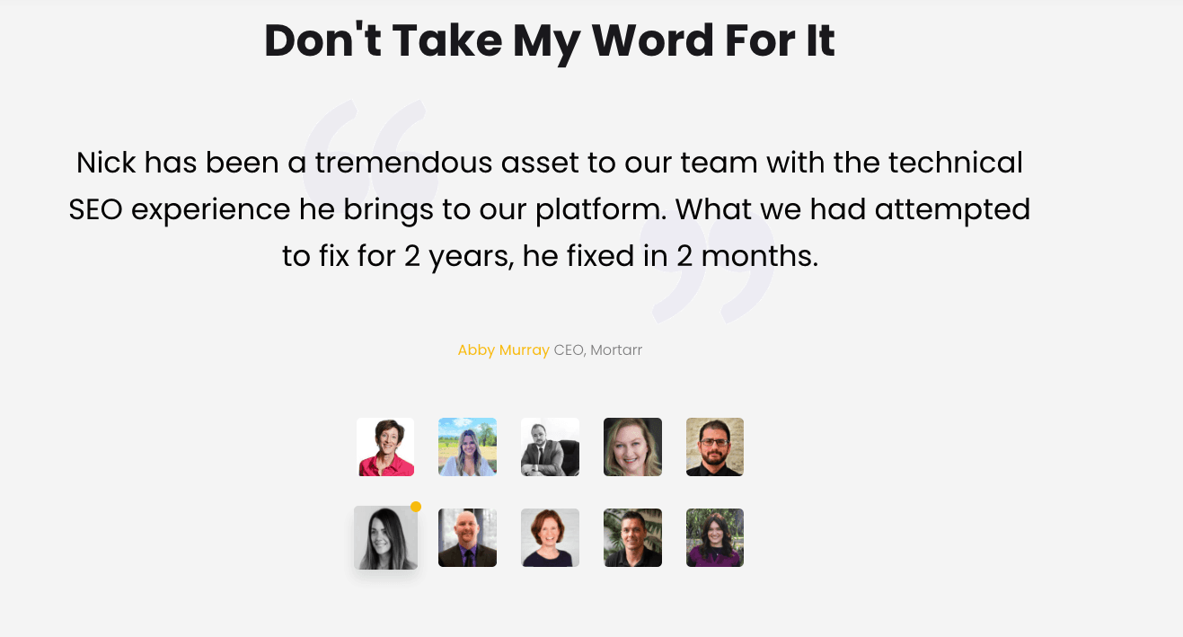 Collection of client testimonials highlighting successful SEO projects