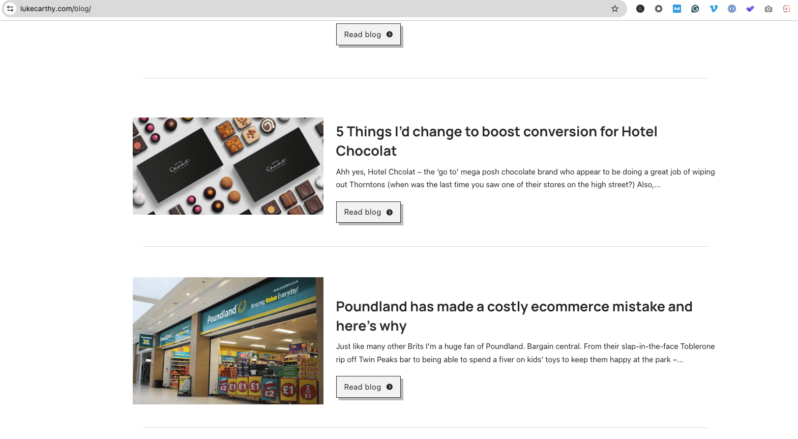 Luke Carthy's blog featuring detailed e-commerce website reviews and SEO analyses for potential clients