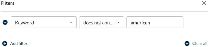 screenshot of filter options in keyword gap