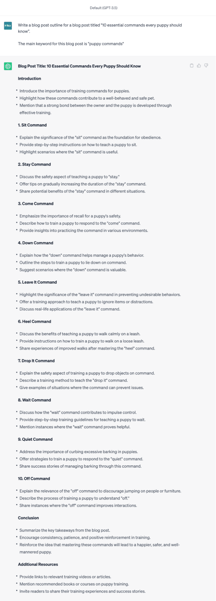 Screenshot of ChatGPT conversation. The input reads: Write a blog post outline for a blog post titled "10 essential commands every puppy should know.  The main keyword for this blog post is "puppy commands"  ChatGPT's response provides a blog post outline split into sections