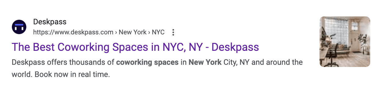 Deskpass search result for "NYC coworking spaces" that uses the power word "best" in their meta-title "The Best Coworking Spaces in NYC, NY - Deskpass"