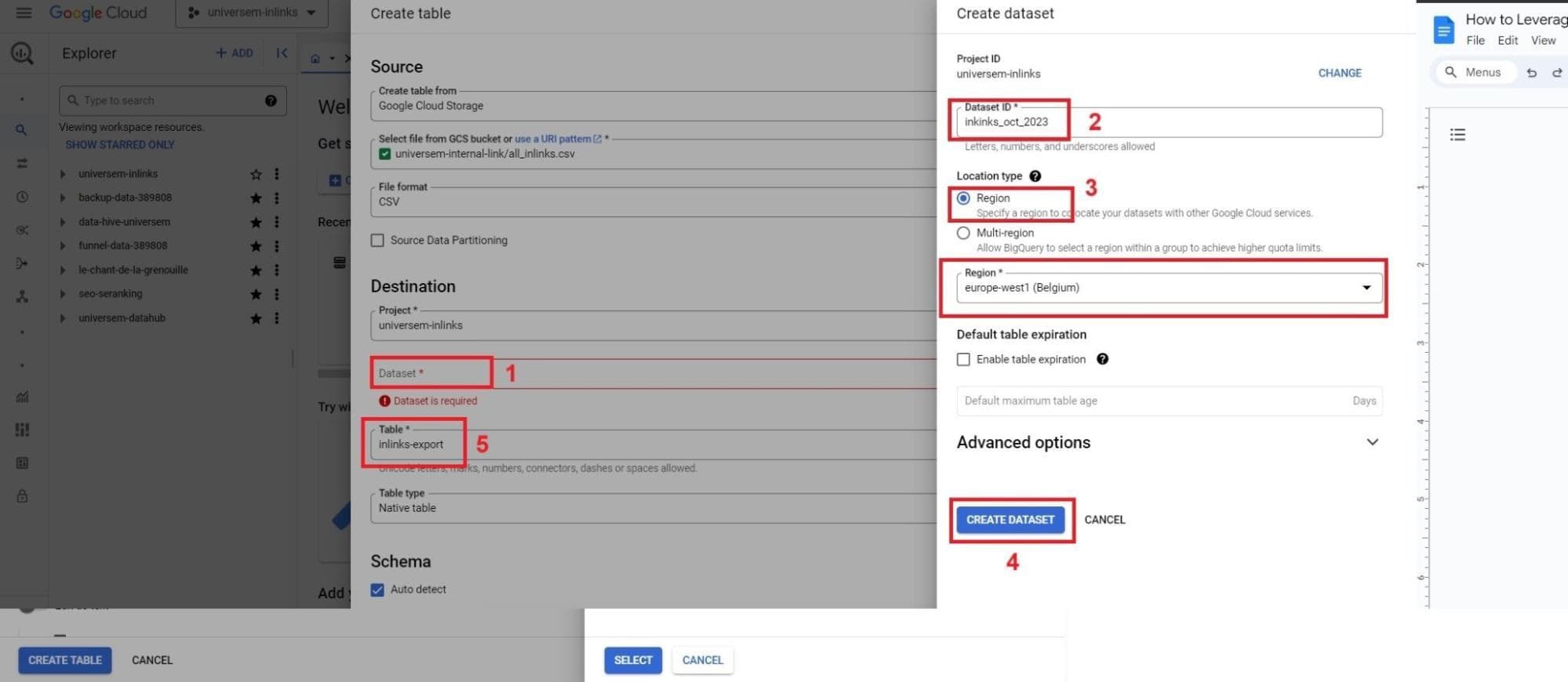 Different options to select to set up your BigQuery table and dataset.