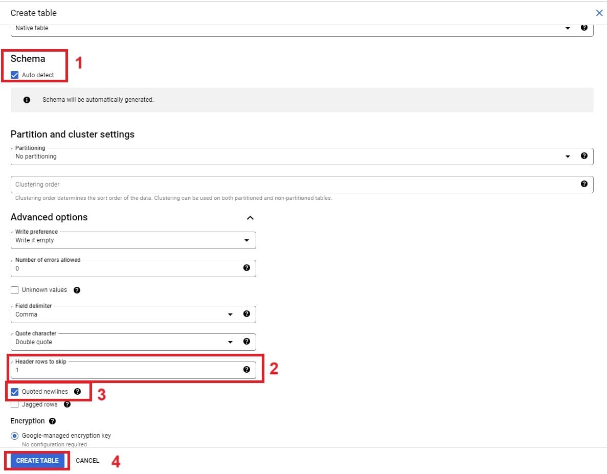 Different options to select to set up your BigQuery table and dataset.