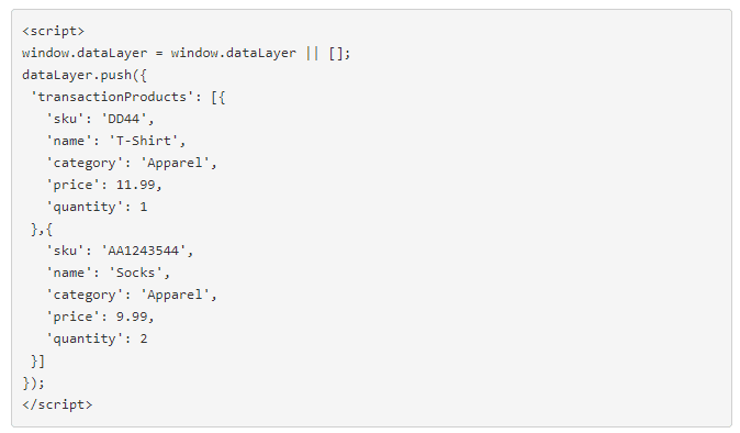 Example of a data layer for an online shop where the "price" parameter has the value of the item