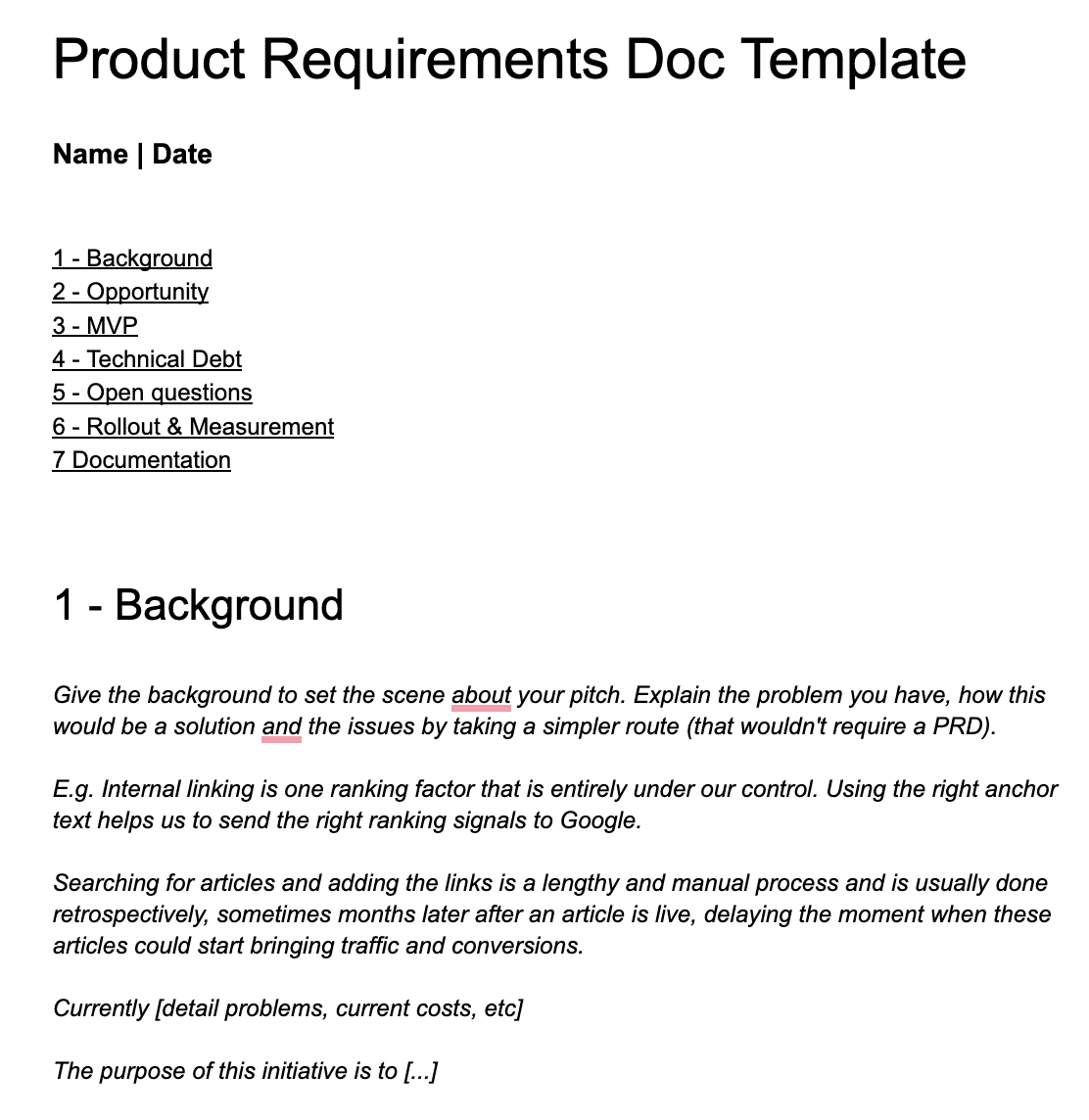 Example of a product requirement document template