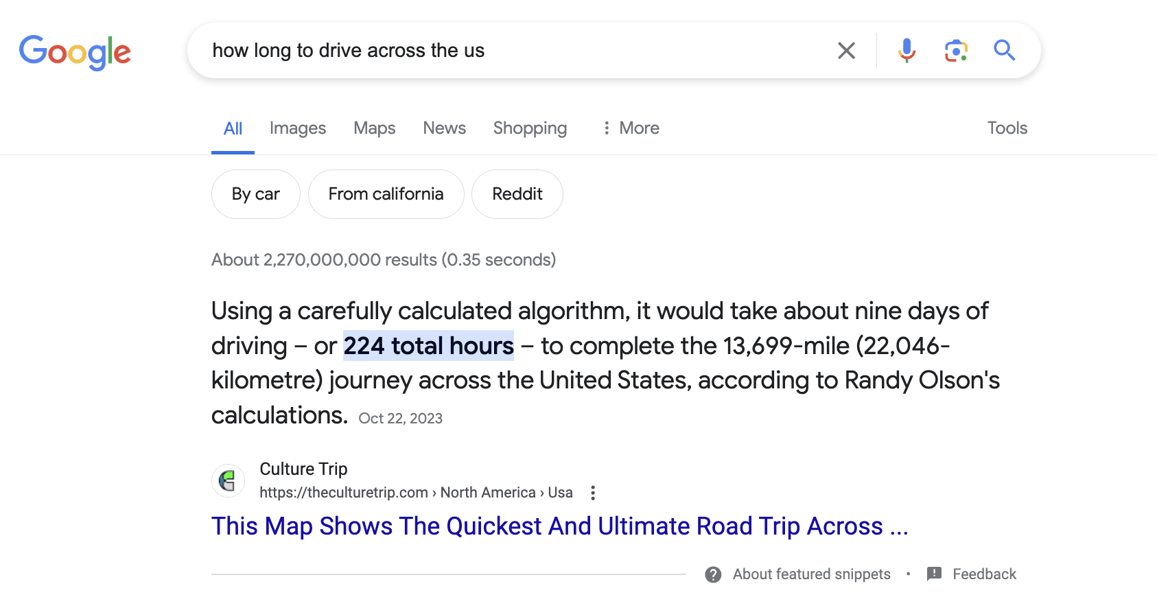 Featured snippet for the Google Search "how long to drive across the us". In the featured snippet answer, the text "224 total hours" is highlighted.