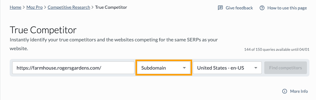 Screenshot of True Competitor with Subdomain selected.