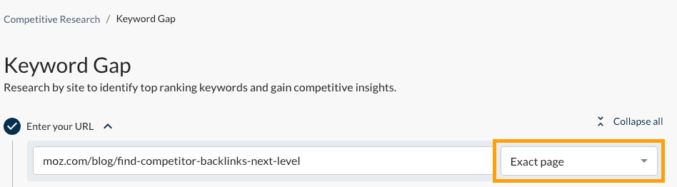 Screenshot showing Exact Page option in Keyword Gap.