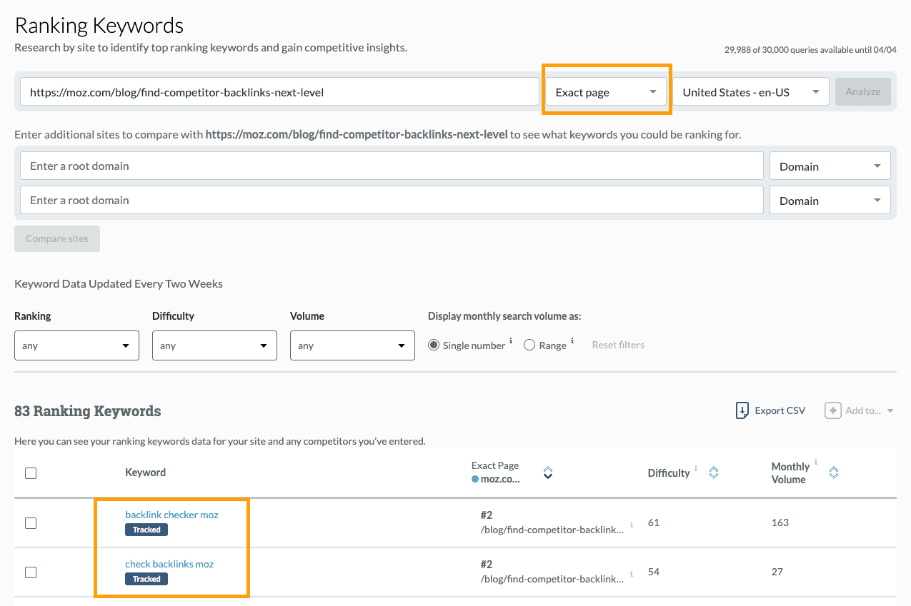 Screenshot of Explore by Site in Keyword Explorer.