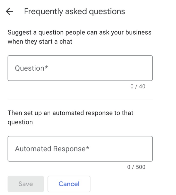 New Google messaging form lets you add linked FAQs for automated customer responses.