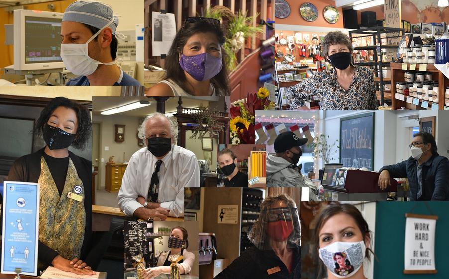 Collage of local business owners and workers wearing masks.