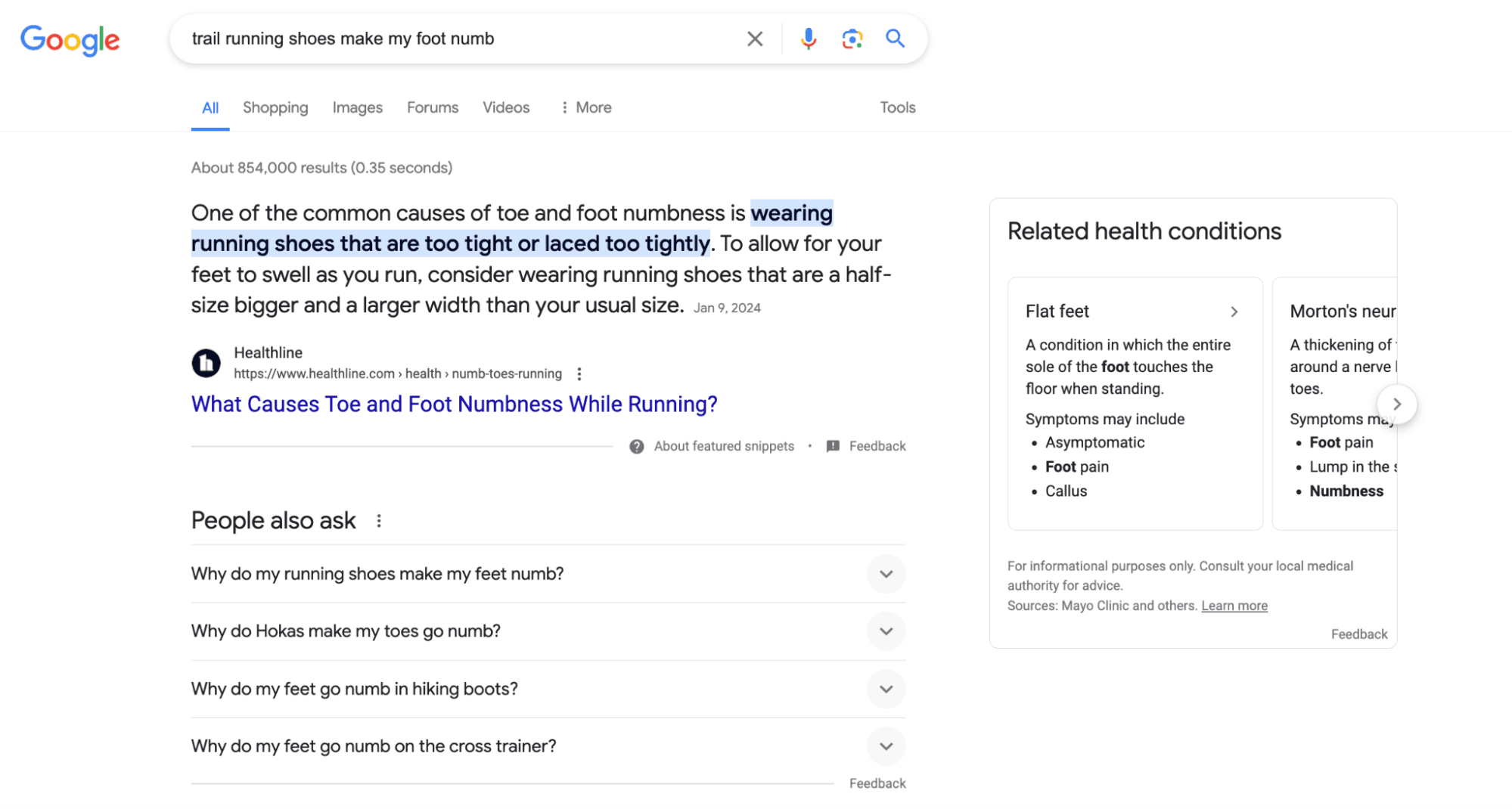 Google search result for "trail running shoes make my foot numb" featuring helpful, pain-point focused results including a featured snippet, people also ask, and a Related health conditions knowledge panel