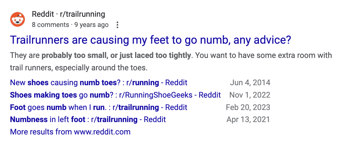 Google search result showing Reddit forum discussions about running shoes causing numbness