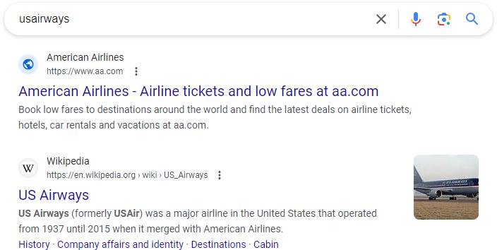 Google understands the relevance between US Airways and American Airlines
