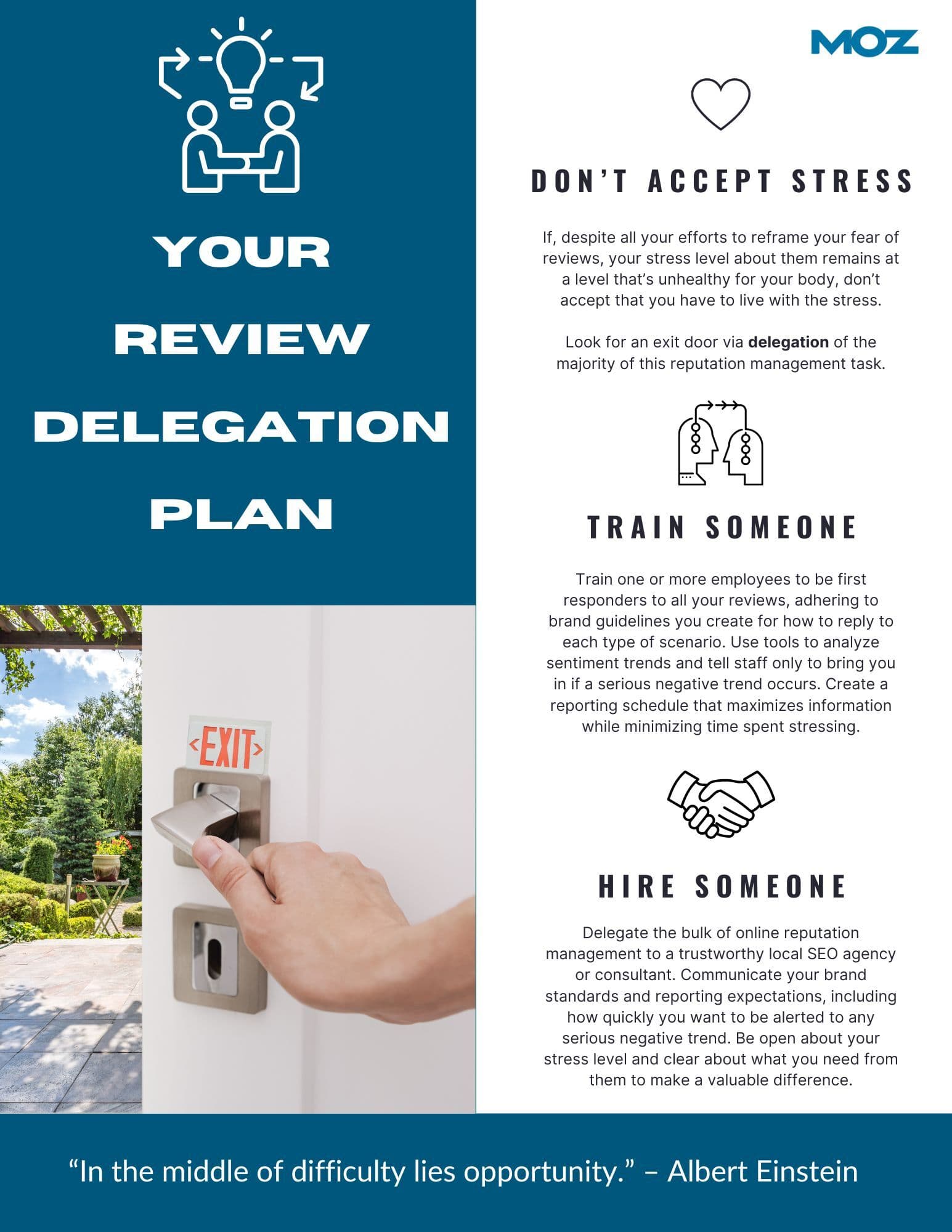 Graphic recommends that if you are still feeling fearful of reviews, either training someone or hiring someone to be your first-responder to reviews can relieve a lot of your stress.