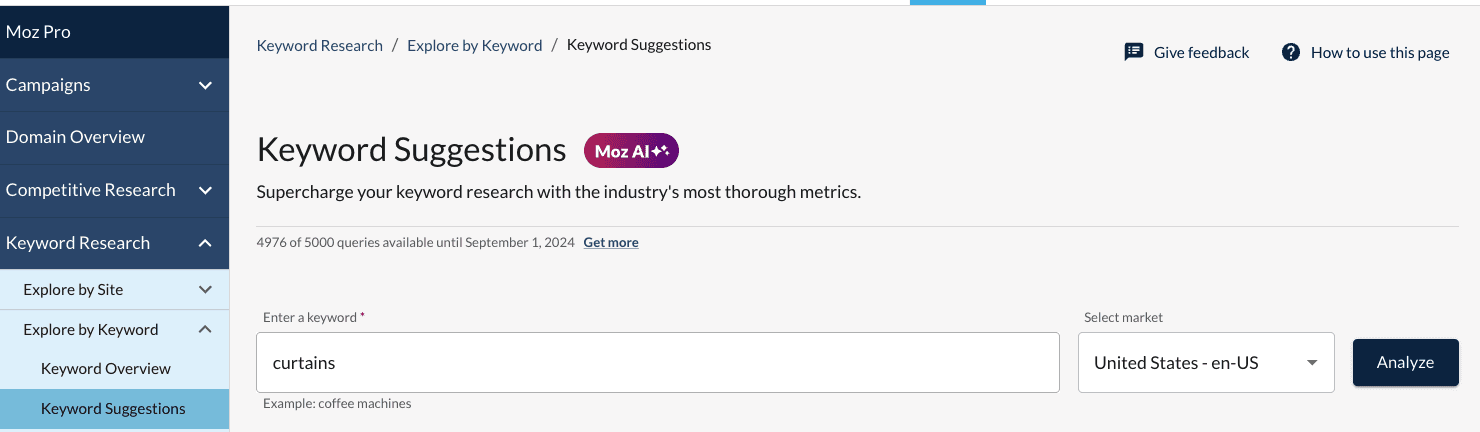 Keyword suggestions in Moz Pro