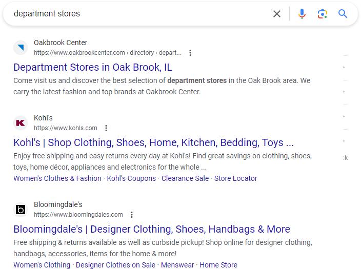 Modification of search results for the keyword "department stores"