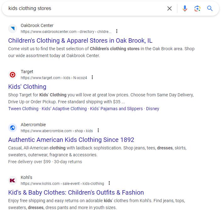 Modified search results for the search query "kids clothing store"