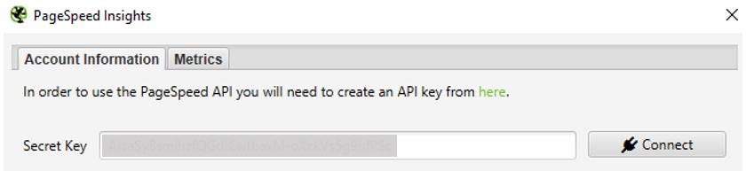 Screenshot of PageSpeed Insights Account Information menu.