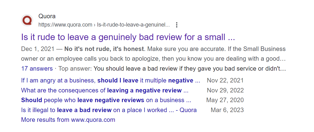 Quora threads revolving around whether or not consumers should write negative reviews.