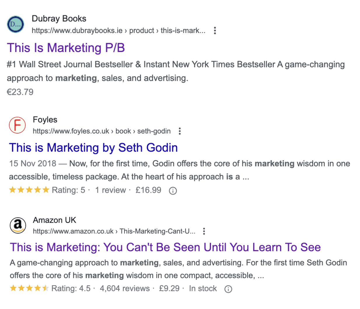 SERP results featuring reviews