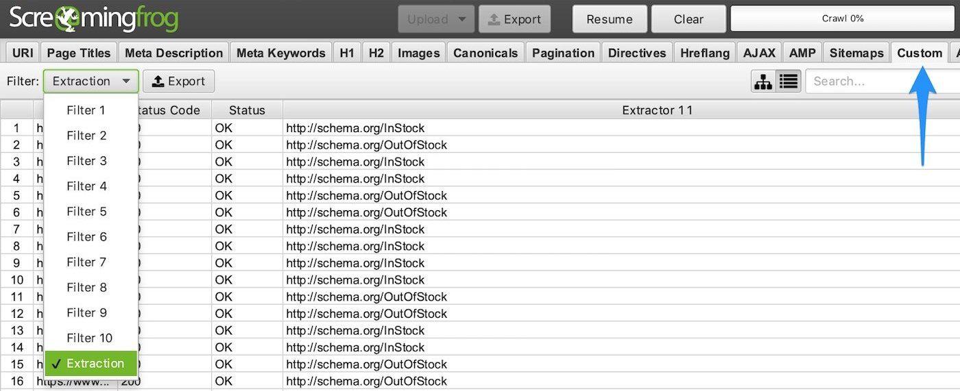 Screenshot of Screaming Frog extraction list.
