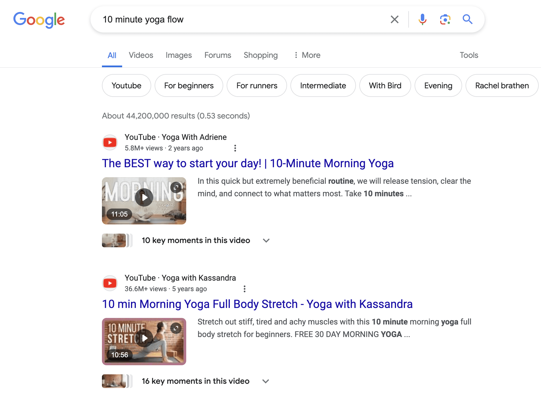 Screenshoot of Google SERP for the search term "10 minute yoga flow". The search results show three YouTube videos with descriptive, emotion-led meta-data