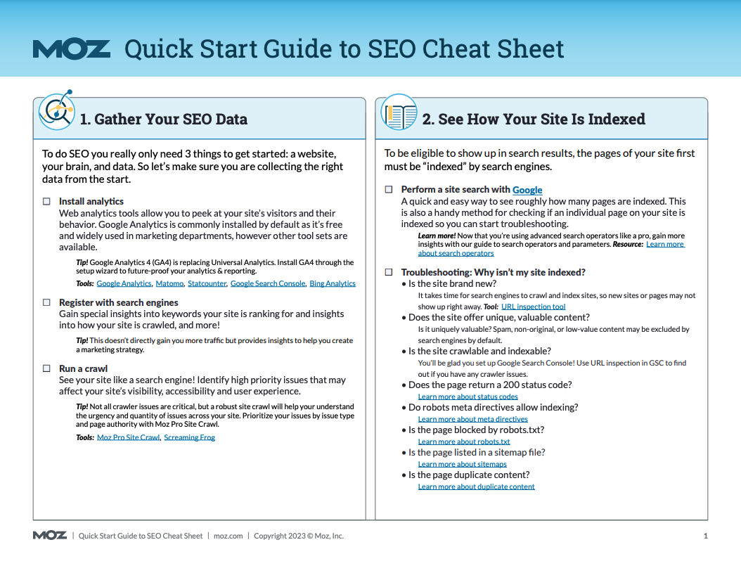 Quick Start Guide to SEO Cheat Sheet