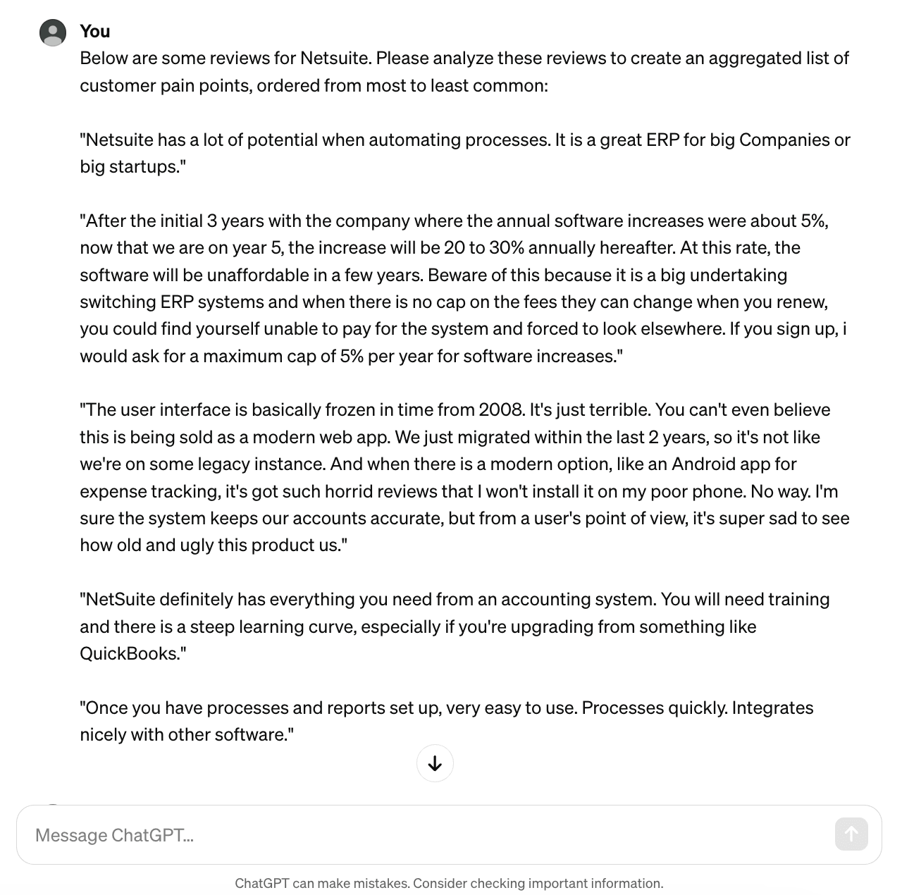 Screenshot of ChatGPT's response featuring an aggregated list of customer pain points identified in the reviews, along with a concluding statement summarizing NetSuite drawbacks and areas for improvement.