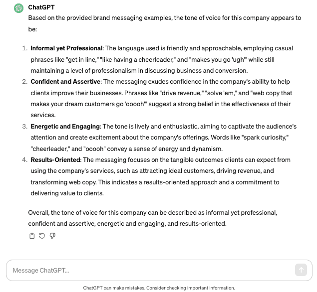 Screenshot of ChatGPT's response to a brand voice prompt. In this response, ChatGPT provides a detailed list of brand voice characteristics and why it chose each of these.