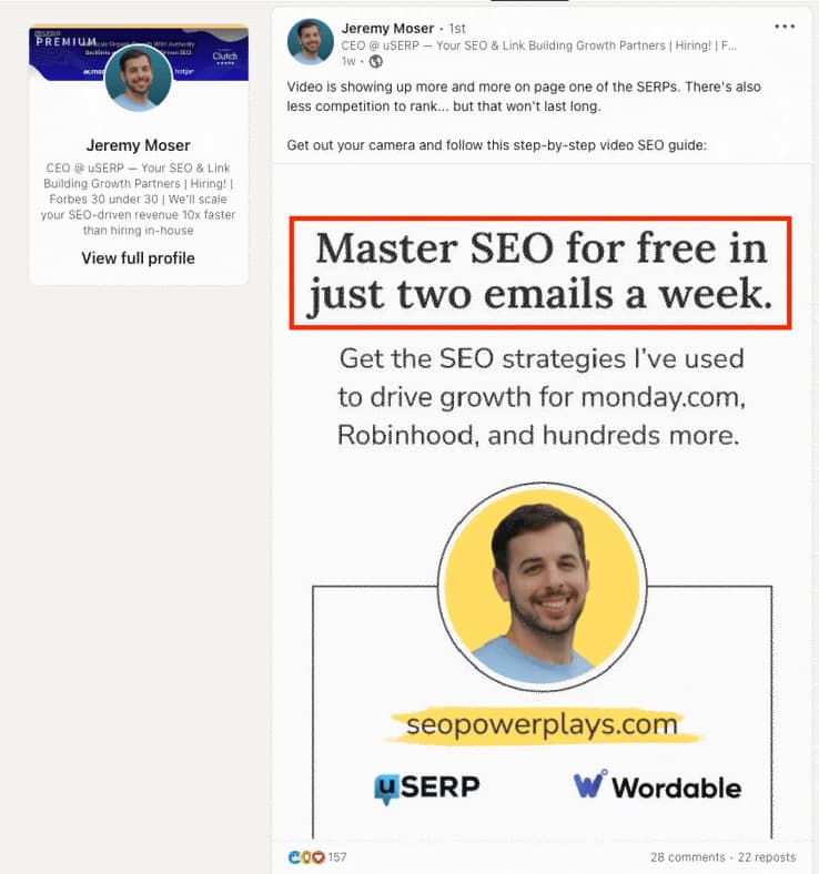 Screenshot of Jeremy Moser's LinkedIn content to encourage email sign ups.