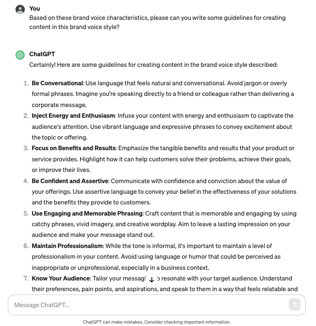 Screenshot of a ChatGPT AI conversation whereby the user asks ChatGPT to turn it's suggested brand voice characteristics into guidelines for creating content in this brand voice style. ChatGPT's response shares a detailed list of content guideline requirements.