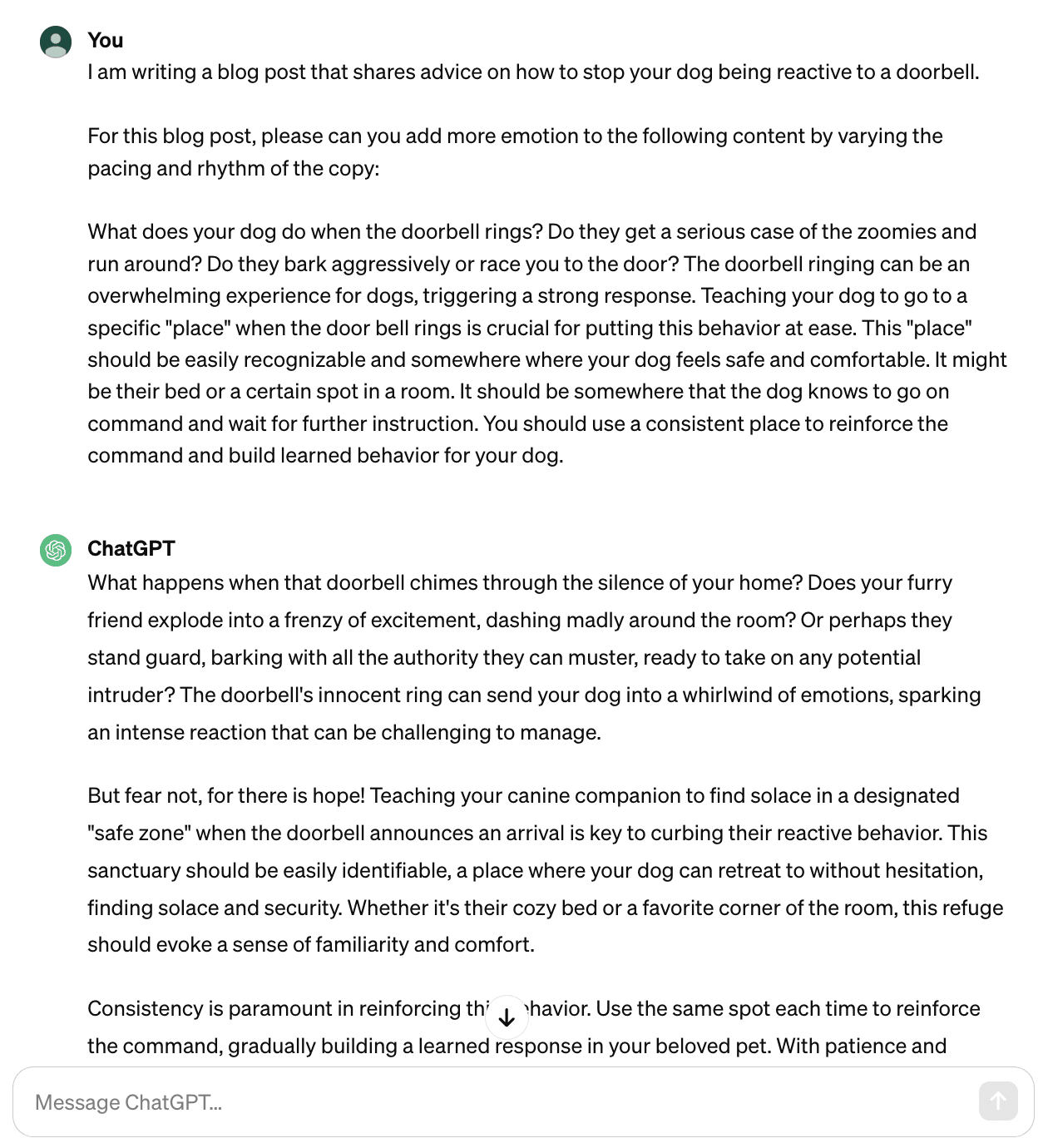 Screenshot of a ChatGPT conversation where the user asks ChatGPT to add more emotion to the shared content by varying the pacing and rhythm of the copy. ChatGPT's response shares a revised version of the copy amended as per the request.