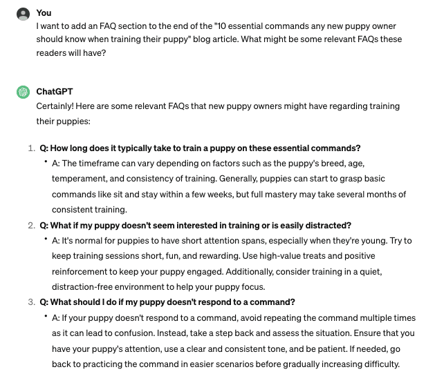 Screenshot of a ChatGPT conversation where the user asks the AI tool for some relevant FAQs readers may have for their chosen blog article. ChatGPT's response then shares a list of FAQs complete with answers.