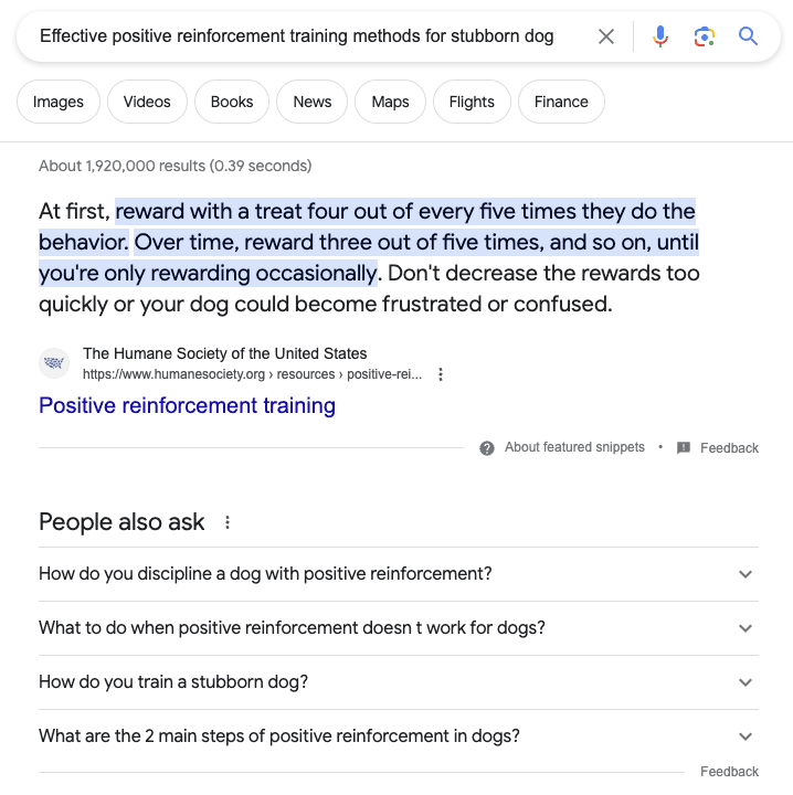Screenshot of a featured snippet and people also ask rich snippet feature on Google for the search term "Effective positive reinforcement training methods for stubborn dogs"