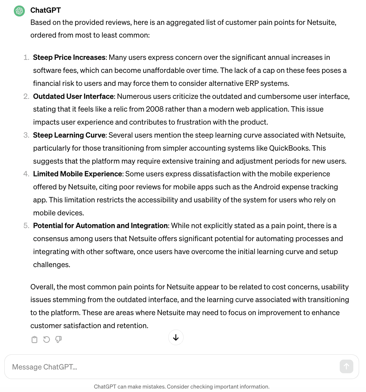 Screenshot of a submitted ChatGPT prompt providing the AI tool with a list of negative reviews and initial context for the data.