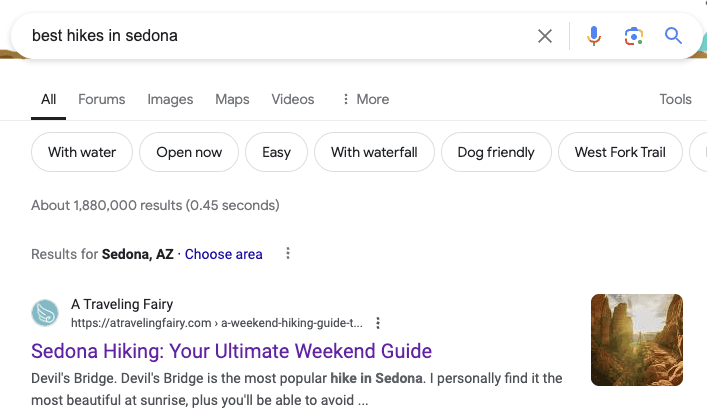 Screenshot of the top Google search result for "best hikes in sedona" with a meta-title that reads "Sedona Hiking: Your Ultimate Weekend Guide"