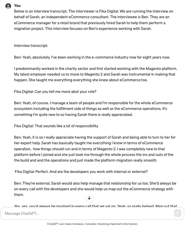 Screenshot showing a submitted ChatGPT prompt providing the AI tool with an interview transcript and initial context for the data.